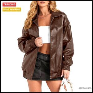 Oversized Faux Leather Jacket Motorcycle Style Zip Pocket Trendy Chic